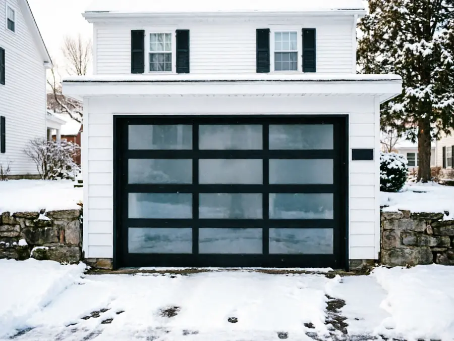 A white house with a black garage door and snowy driveway.