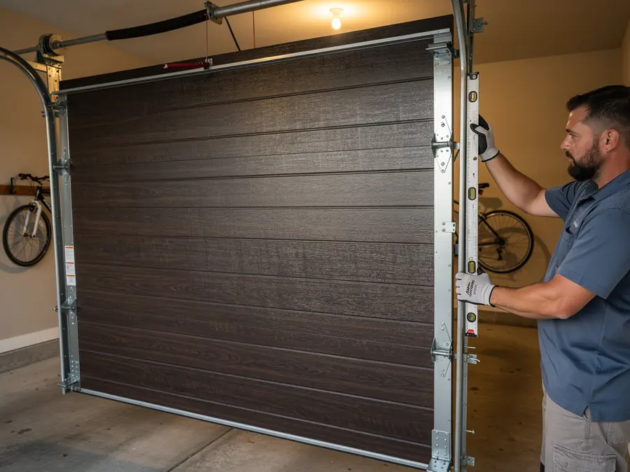 A technician uses a level on the side of a brown garage door.