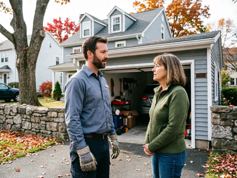 A technician and a woman stand in a driveway in front of a house.