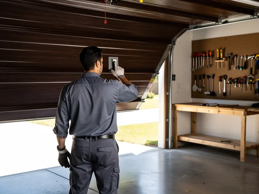 A technician in a gray uniform operates a brown garage door.
