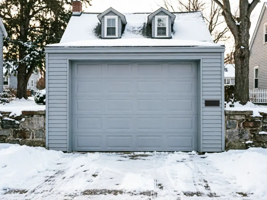 A light blue garage door on a snow-covered garage with two dormer windows.