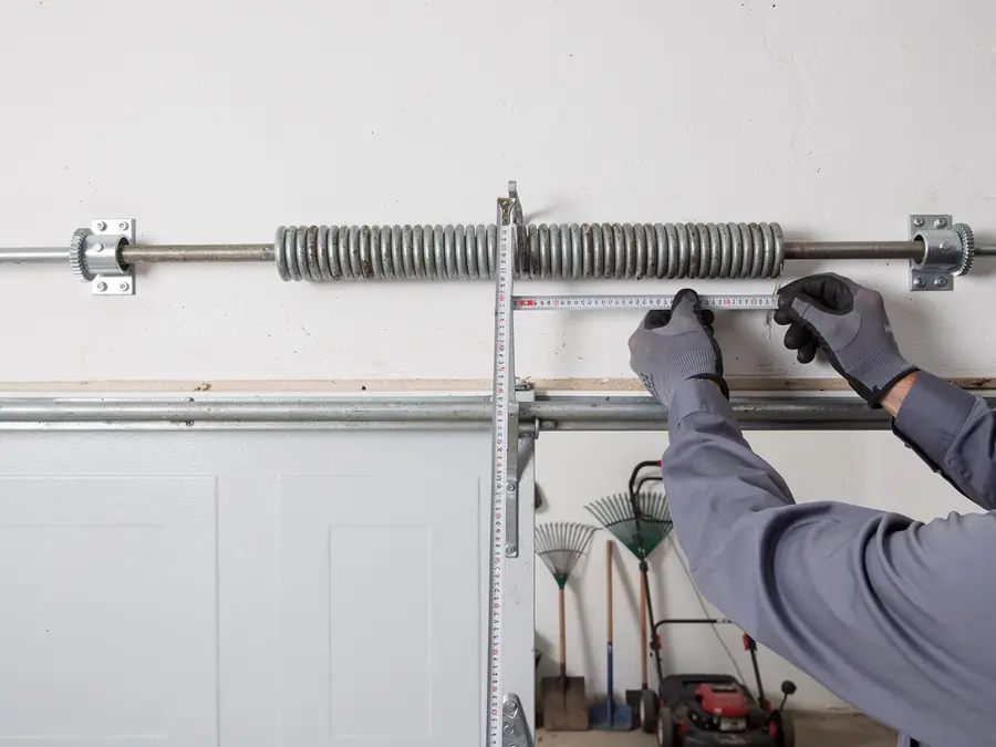 A technician measures a torsion spring above a white garage door.